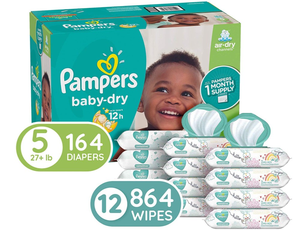 Diapers Size 5, 164-Count & Pampers Sensitive Baby Wipes, 864-Count