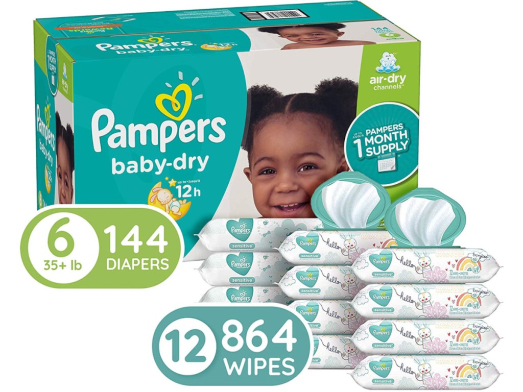 Diapers Size 6, 144-Count & Pampers Sensitive Baby Wipes, 864-Count