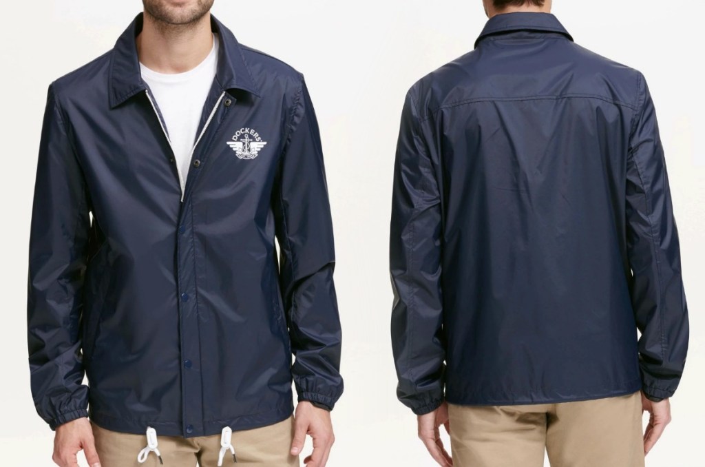 Man wearing a navy blue jacket - front and back view