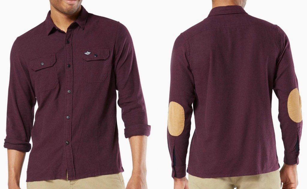 Man wearing Men's button up shirt in maroon color - front and back view
