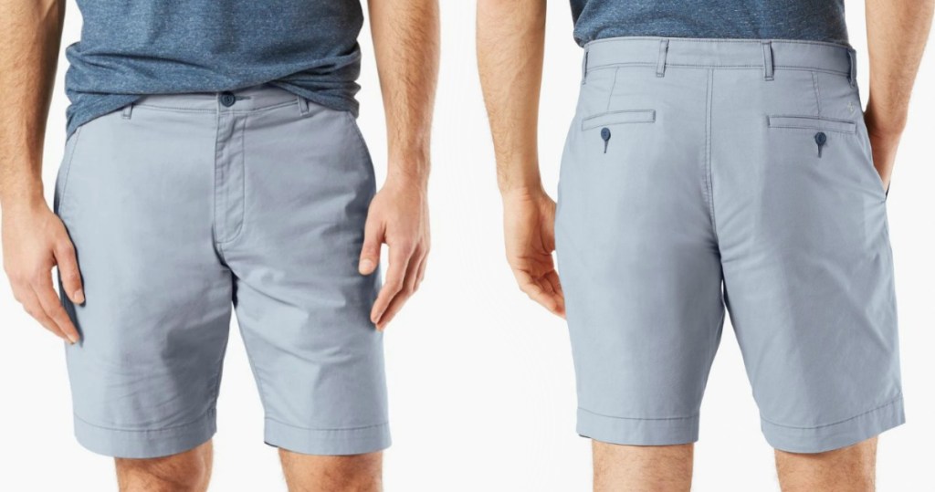 Man wearing light blue khaki shorts - front and back view