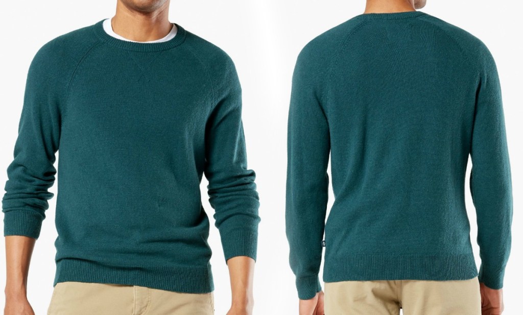 Man wearing green colored sweater with khaki pants - front and back view
