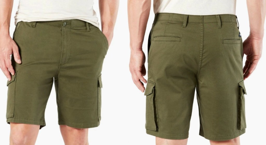 Man wearing olive colored shorts - front and back view
