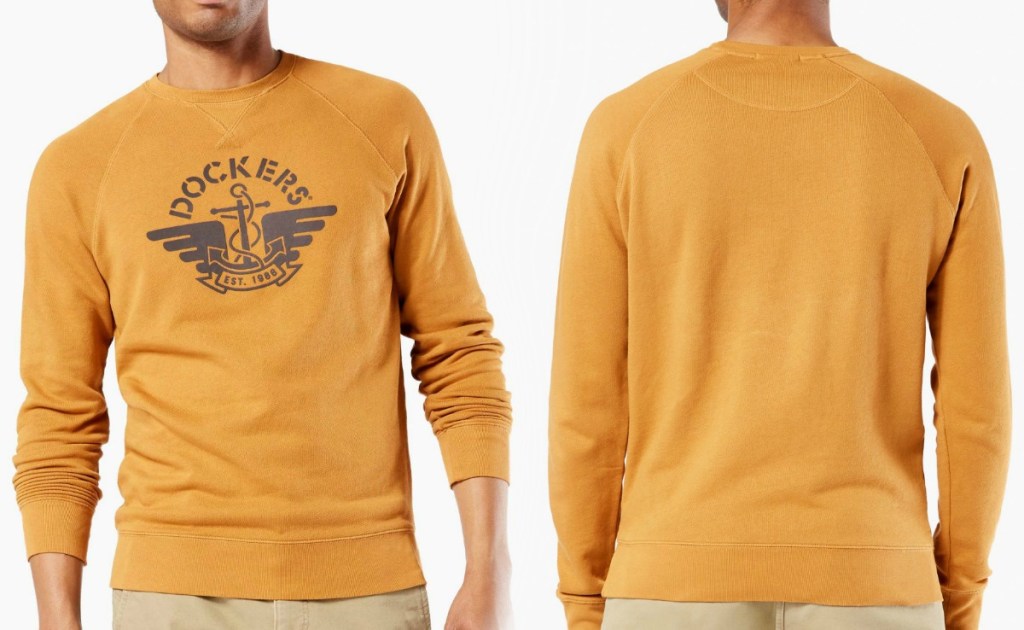 Man wearing a yellow mustard colored sweatshirt with Dockers logo - front and back view