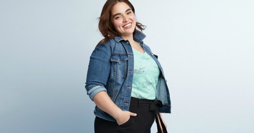 woman wearing a jean jacket and tee