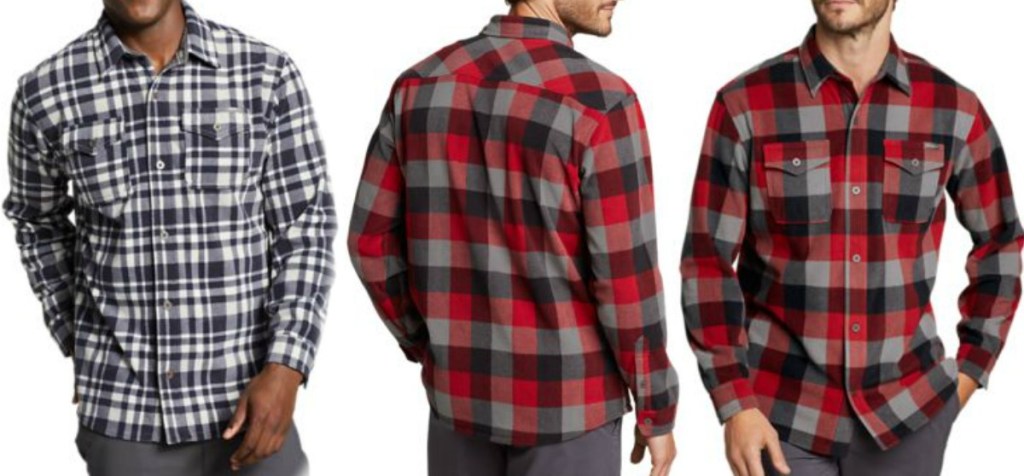Three men wearing flannel shirts in different colors