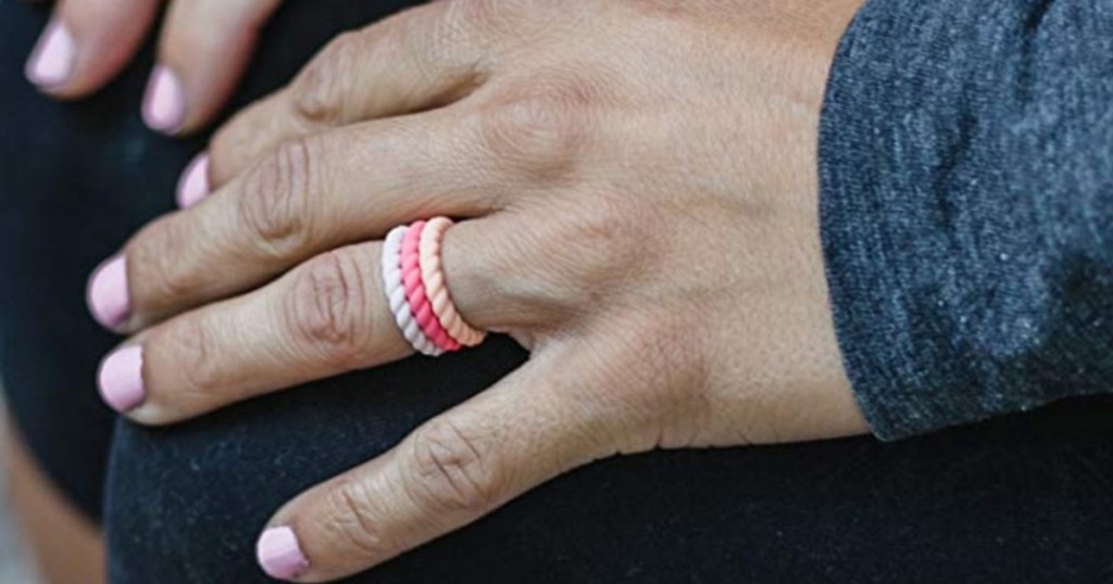 Woman wearing Enso stackable rings