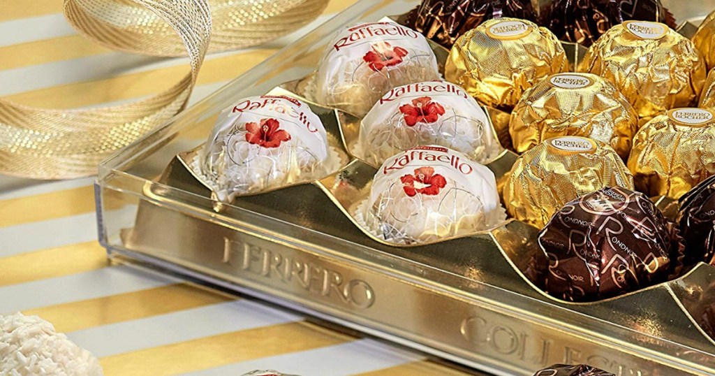 Ferrero Rocher chocolates in a box on a gold background