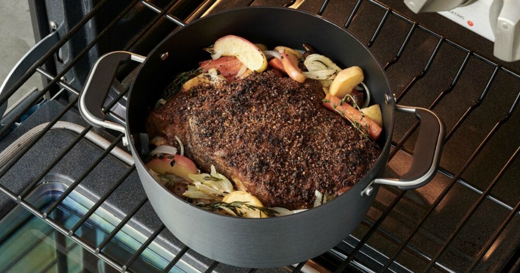 Large nonstick pan in oven with roast