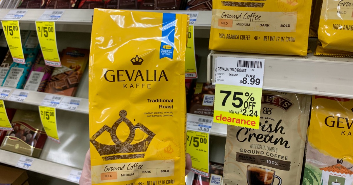 Gevalia coffee in front of shelf 