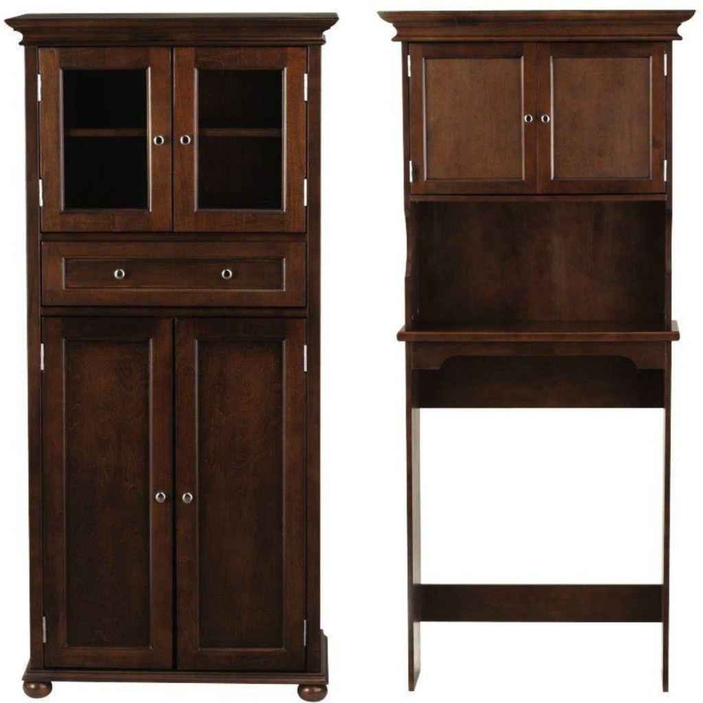 A large brown linen cabinet with matching above-toilet space saver cabinet