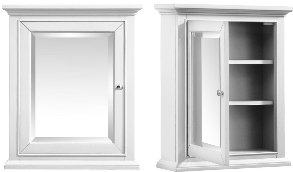 A white bathroom cabinet with mirror and shelving - open and closed view