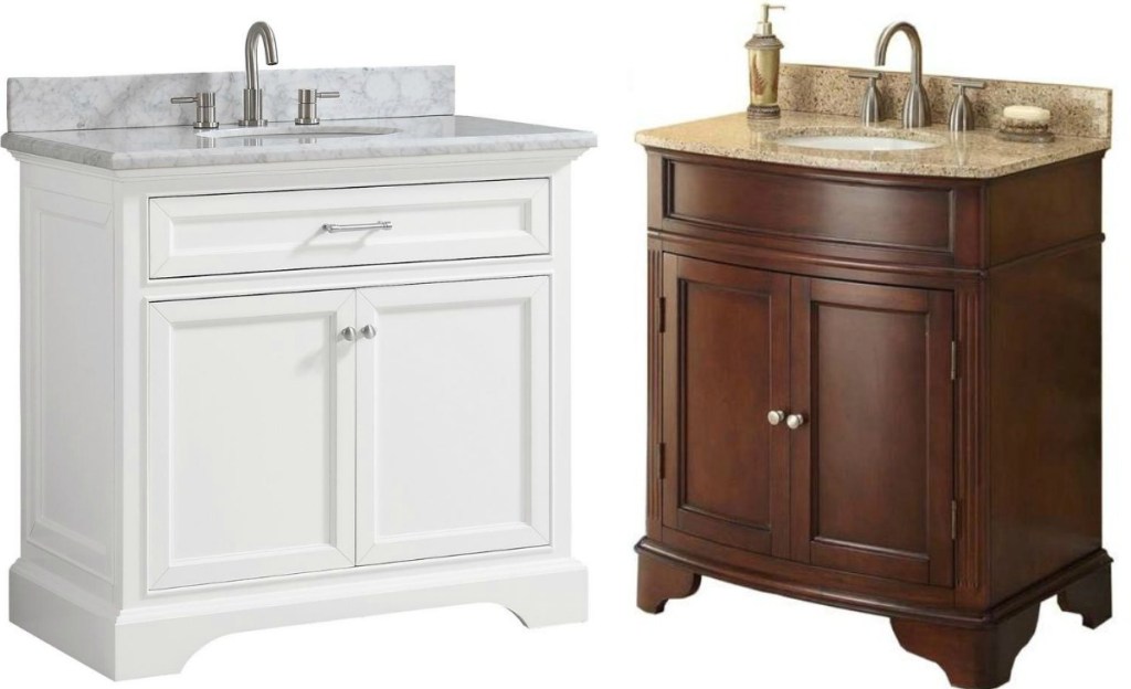 Two styles of bathroom vanities - one in brown and one in white, both with marbled tops