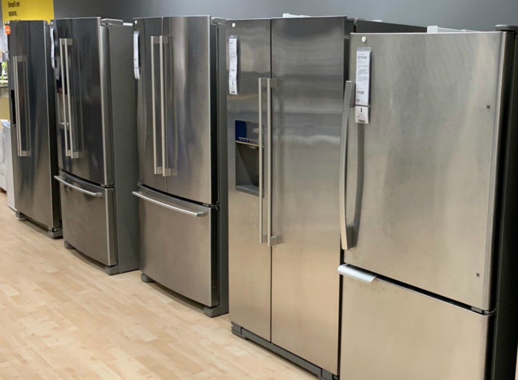 In-store display of stainless steel refrigerators 