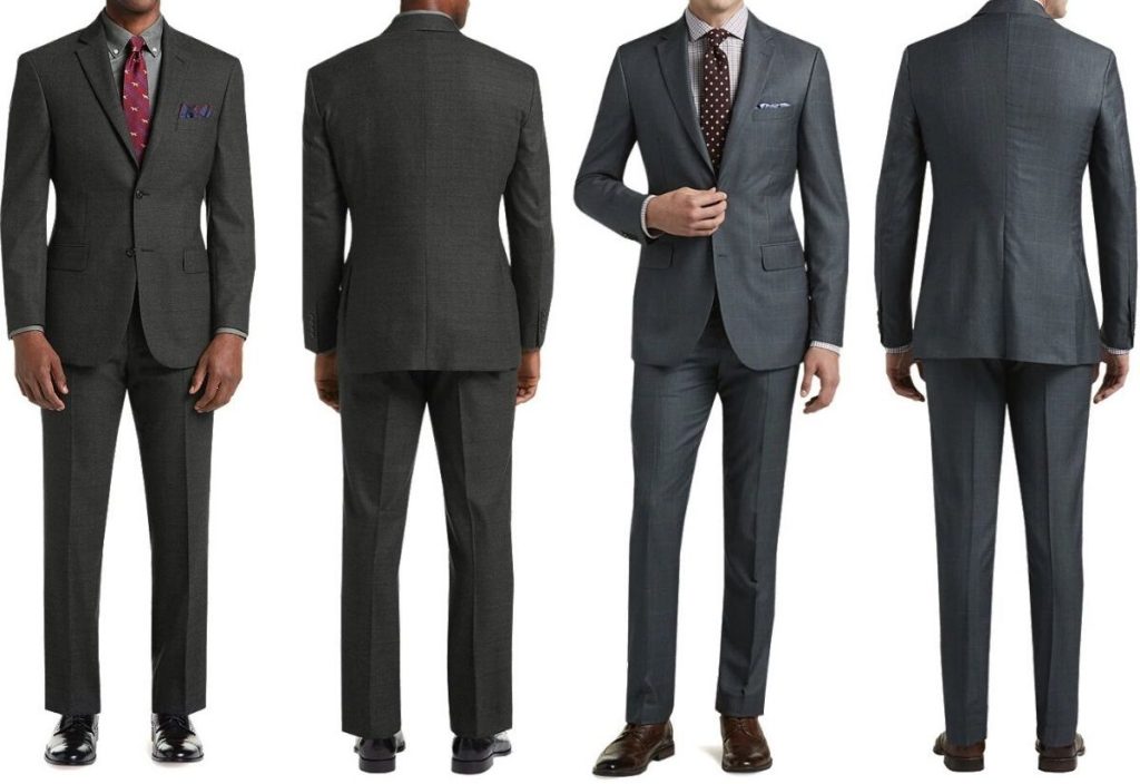 four men's bodies wearing suits displaying the front and back of each suit