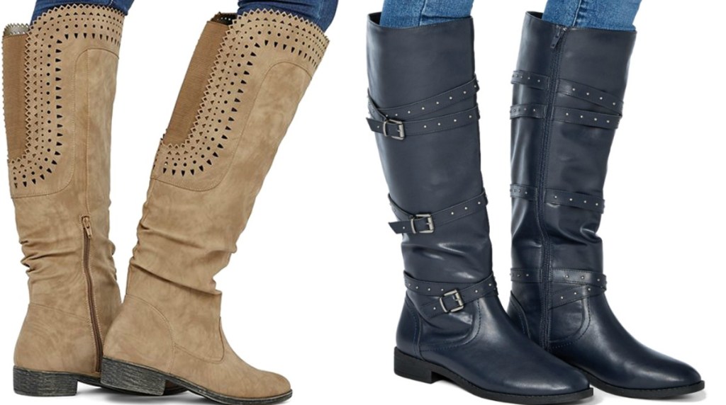 Two styles of JustFab Riding boots - in tan and black