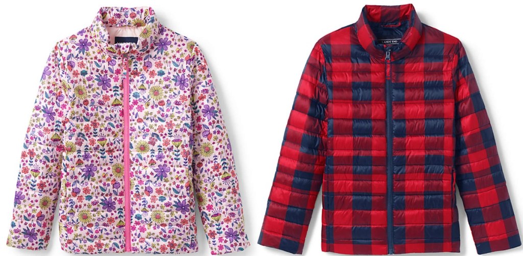 Two styles of kids puffer jackets in two prints - floral and red/navy plaid