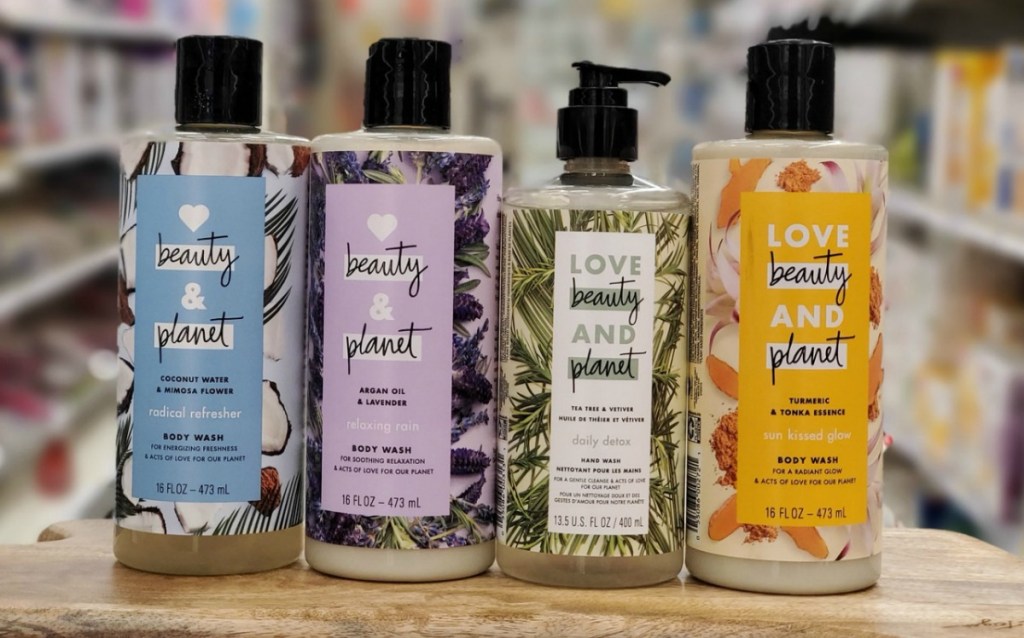 A variety of Love Beauty Planet products at Target on display in-store