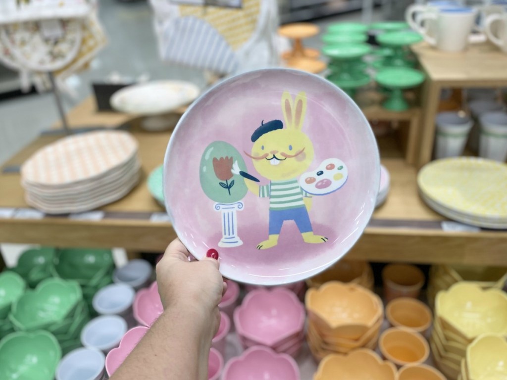 lady holding Easter Malamine Plates at target