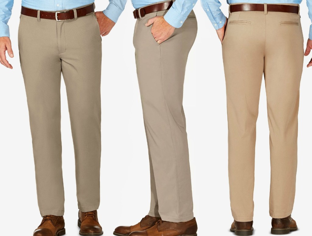 Man wearing khaki dress pants with brown belt and blue shirt - front back and side view