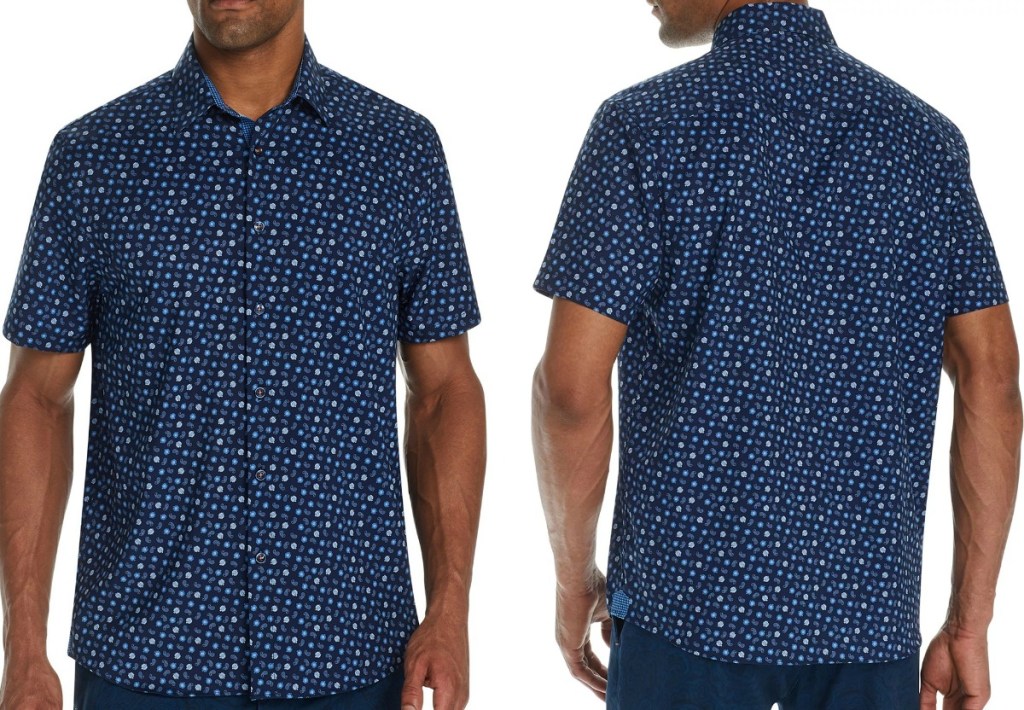 Man wearing a dark blue paisley shirt - front and back view