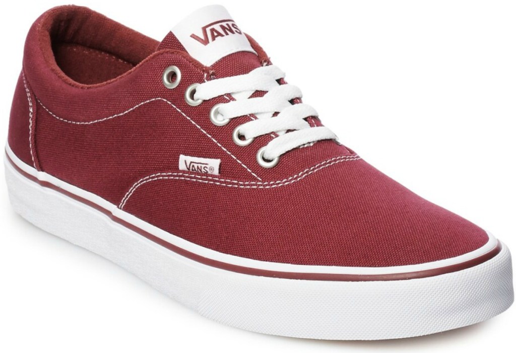 Burgundy colored men's shoe with white laces and sole - skater style