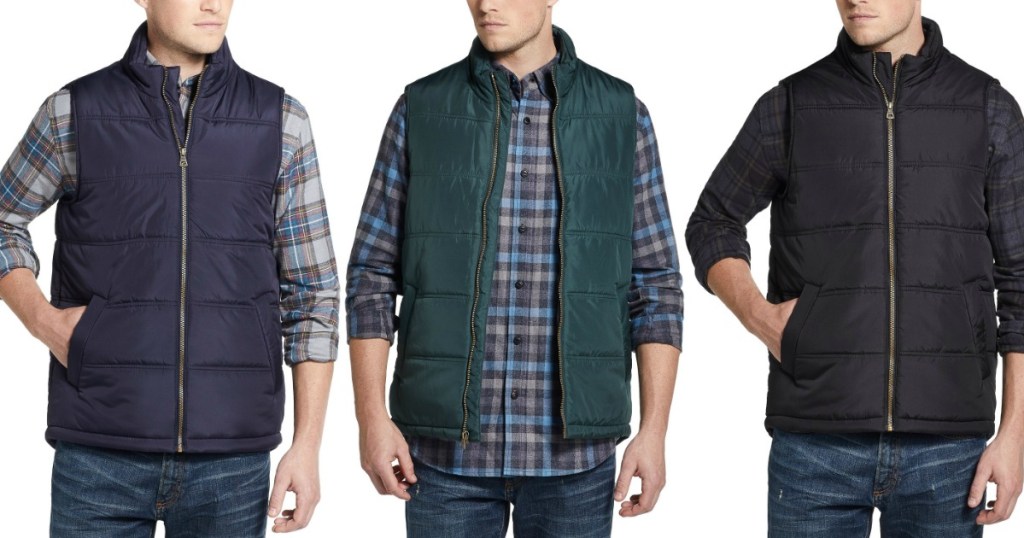 Men wearing three styles of men's vest in blue black and green