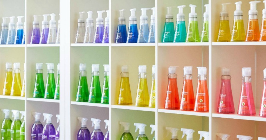 method cleaning products lined up in a row on shelves