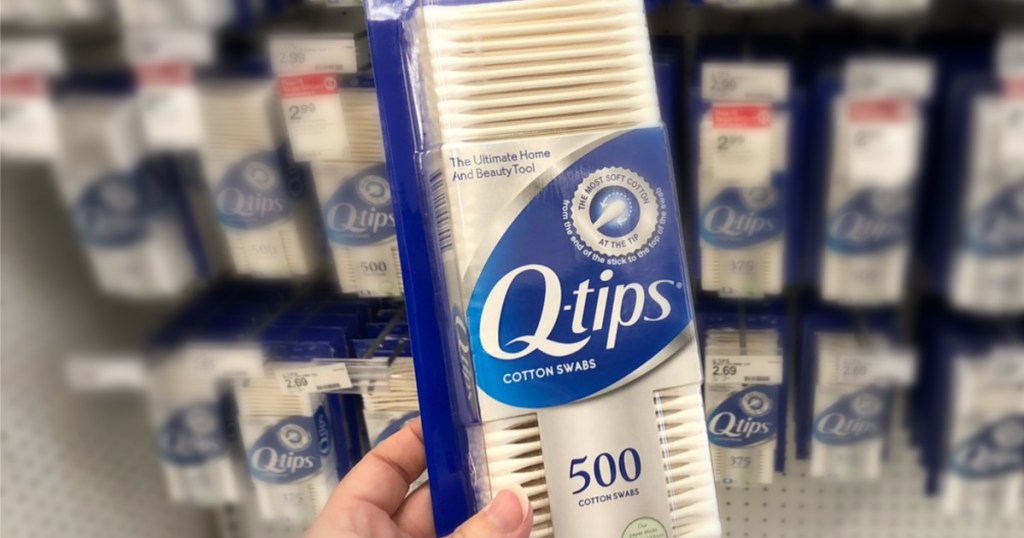 Q-Tips 500-Count Cotton Swabs in hand at store