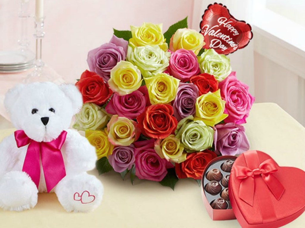 Roses, teddy Bear, Balloon and chocolate