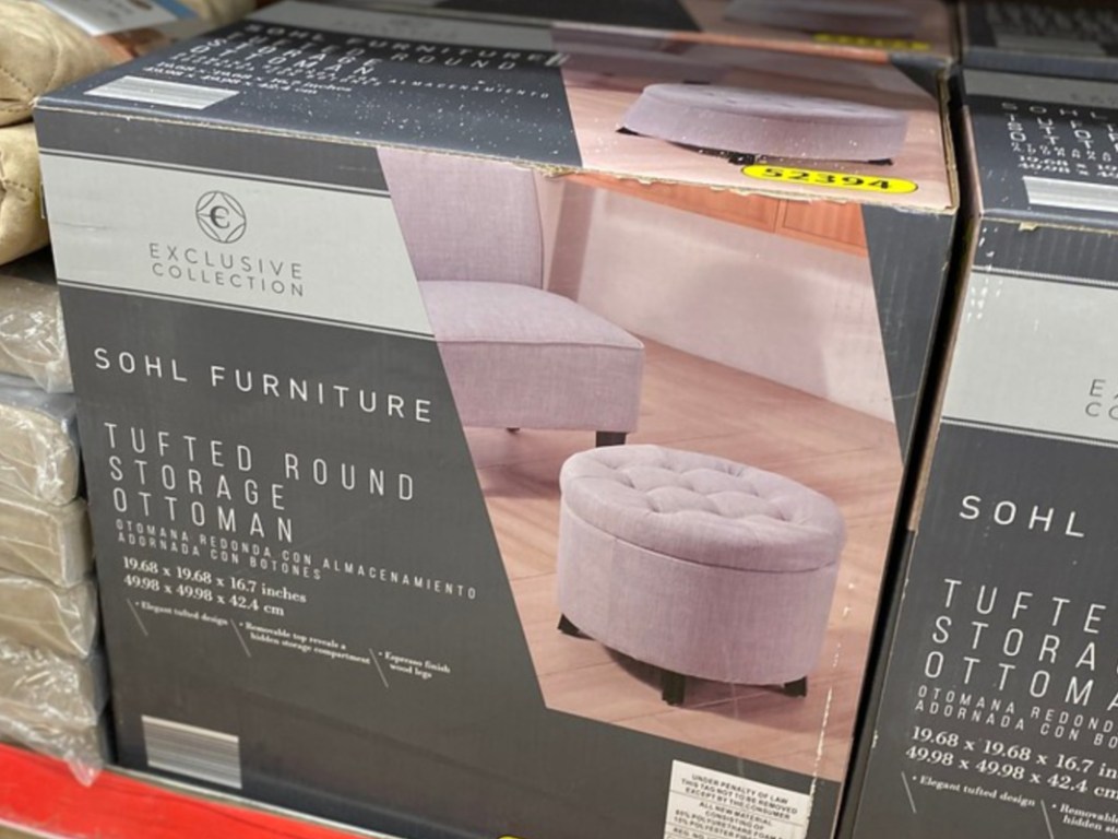 round ottoman in box on store shelf