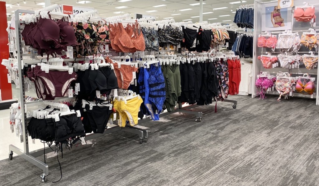 display of women's swimsuits at Target