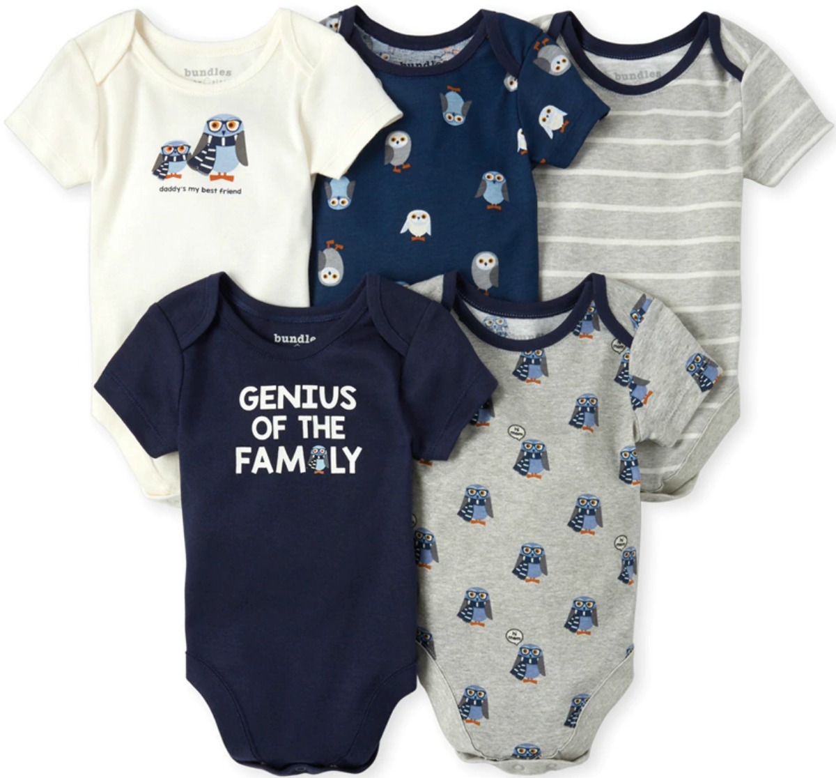 Five coordinating owl-themed baby boys bodysuits in navy blue and white