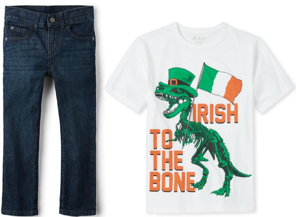 Boys dark denim jeans near white St. Patrick's Day themed T shirt