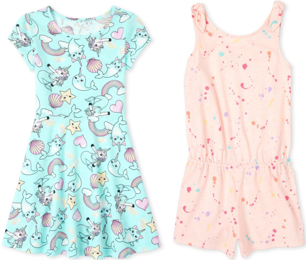 A girls teal dress with unicorn print next to a girls pink romper
