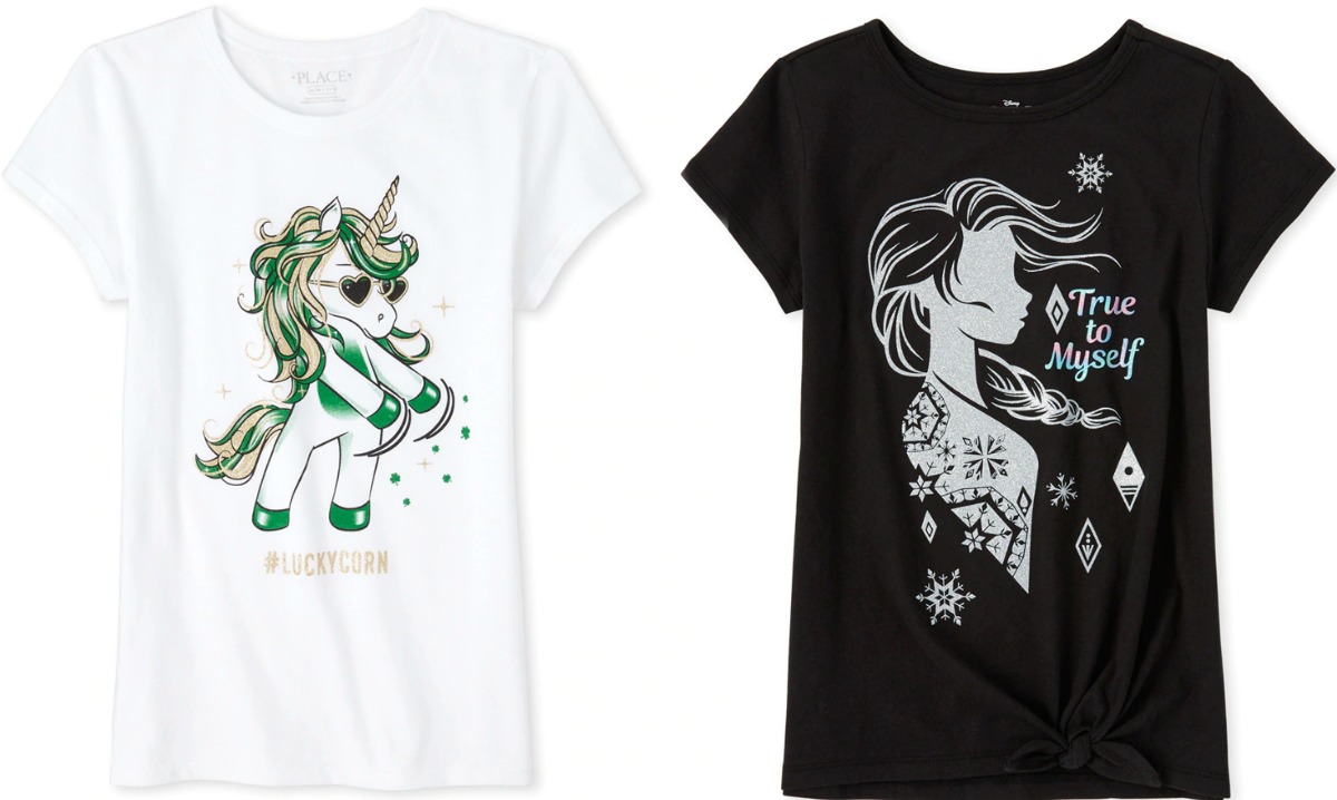 Two styles of girls graphic tees - one in white, one in black