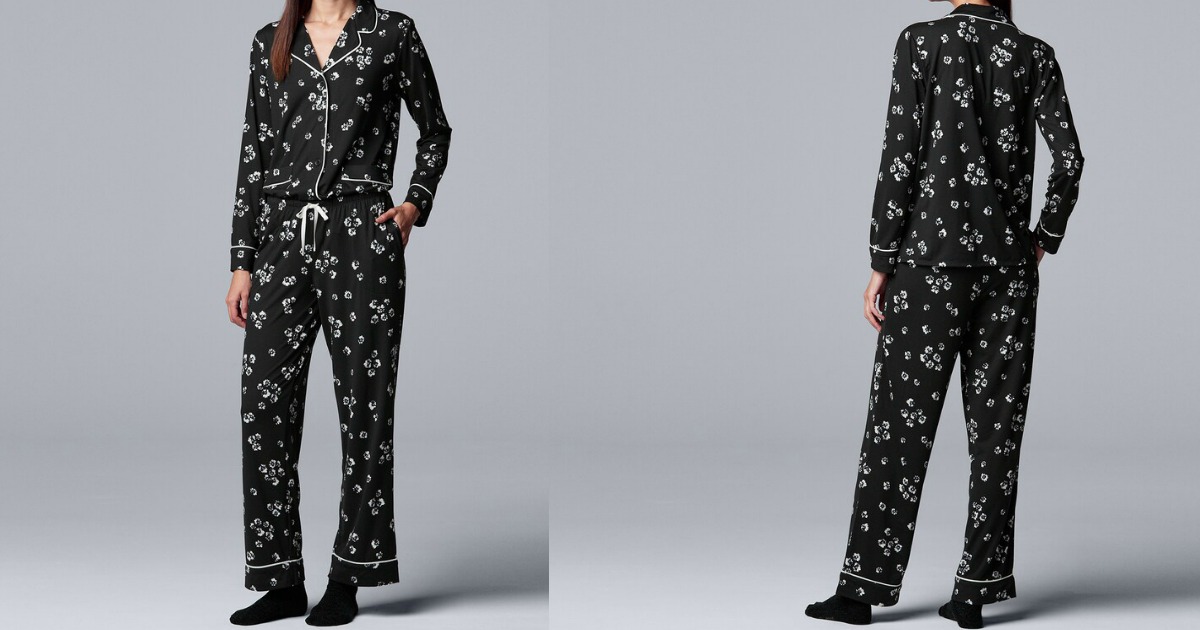 front and back view of a woman wearing Vera Wang pajamas