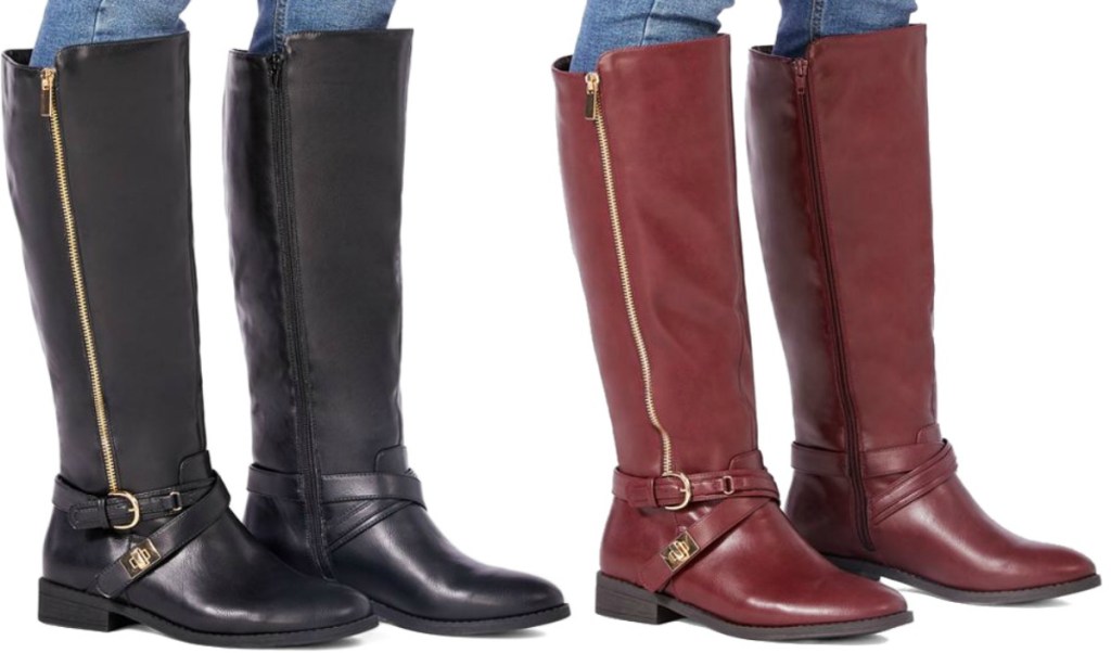 Two colors of women's faux leather riding boots