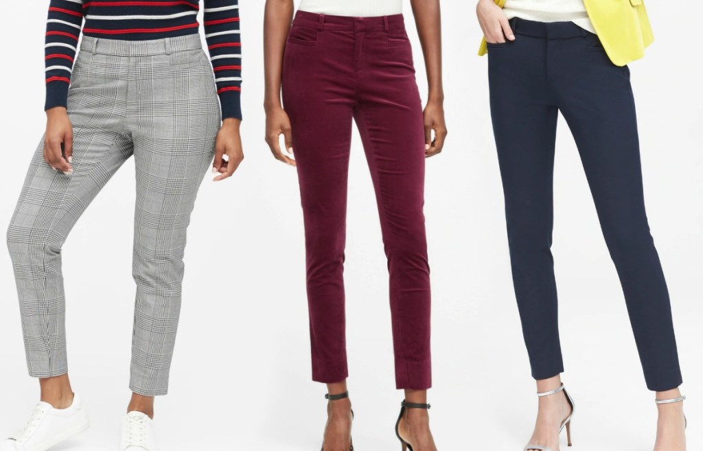 Women wearing three different styles of dress pants