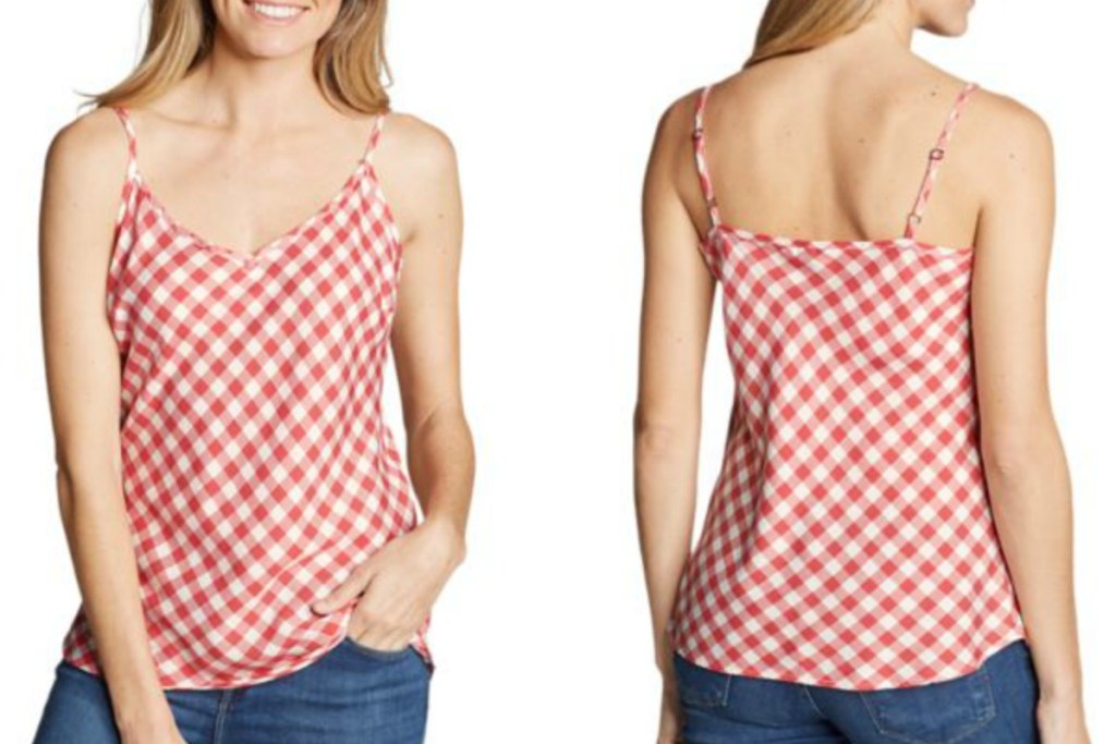 Front and back view of a woman wearing a red and white checkers tank top