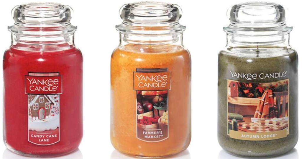 three large yankee candle jars in autumn lounge, farmer's market, and cnady cane lane