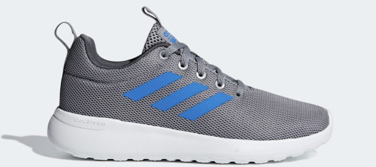 grey adidas shoe with blue stripes