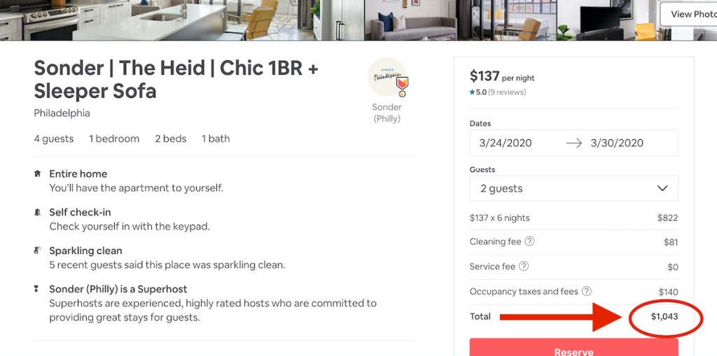 screenshot of airbnb listing 