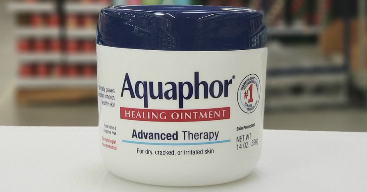 large tub of Aquaphor ointment on table in store
