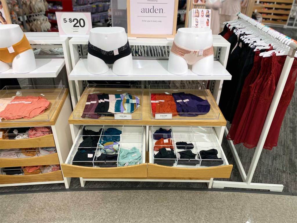 auden underwear on display on shelves in store