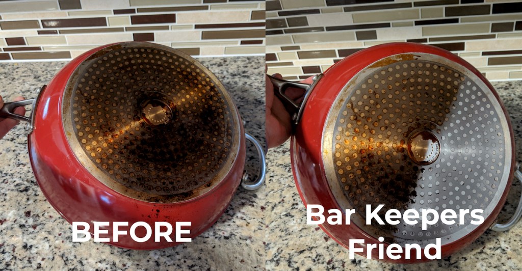 before and after of the bottom of a red pan dirty and clean