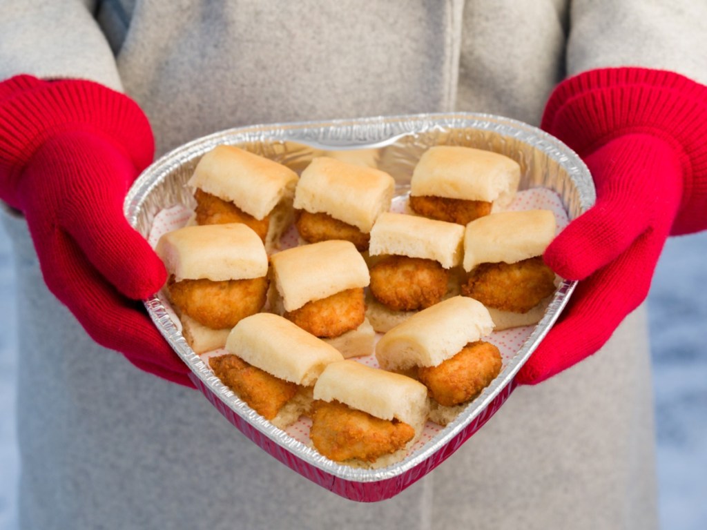 Chick-Fil-A sliders in a heart-shaped tray