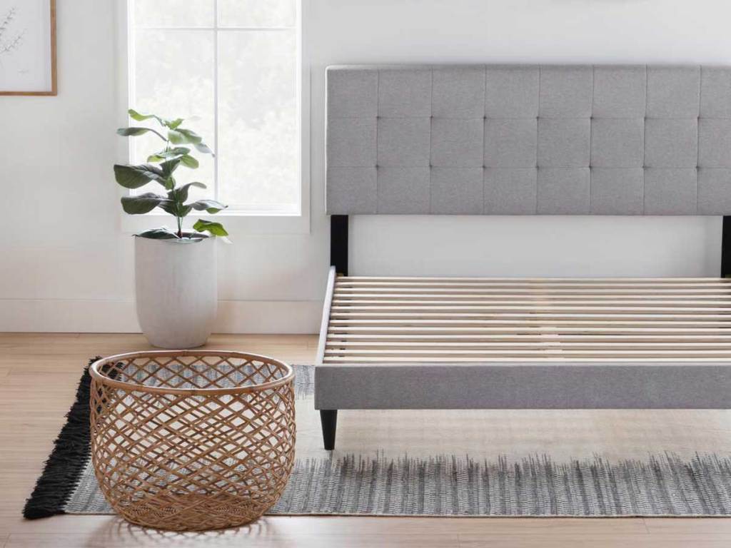 Upholstered Platform Bed Frames As Low, Cara Upholstered Charcoal Queen Platform Bed Frame With Square Tufted Headboard