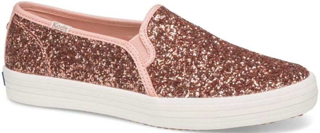 womans right foot glitter slip on canvas boat shoe