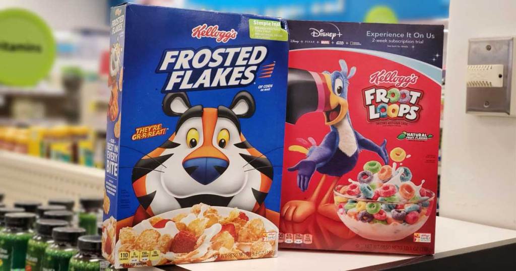 2 boxes of kelloggs cereal sitting side by side